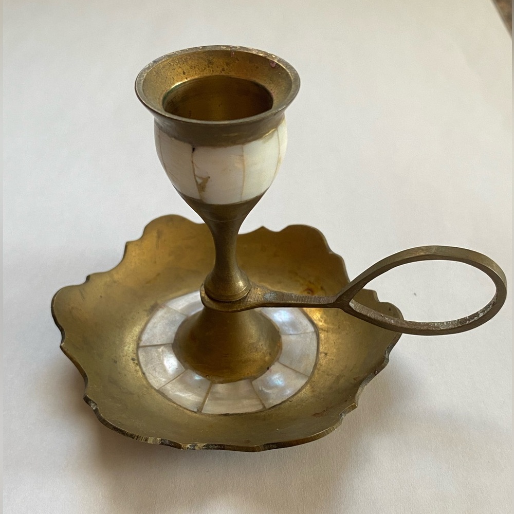 Vintage Brass Mother of Pearl Chamberstick Candle Holder